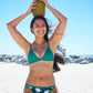 Sustainable swimwear reversible bikini top in green floral print on Marion