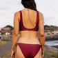 Sustainable swimwear reversible bikini top in wine and stripe on Charley back view