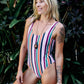 Sustainable stripe one piece swimsuit with high cut leg and full coverage