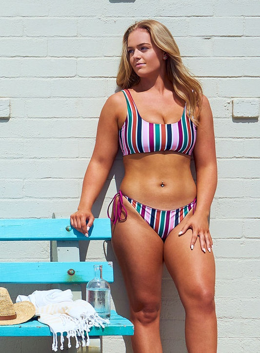 Reversible bikini, crop bikini top and full coverage bikini bottom made from sustainable swimwear material
