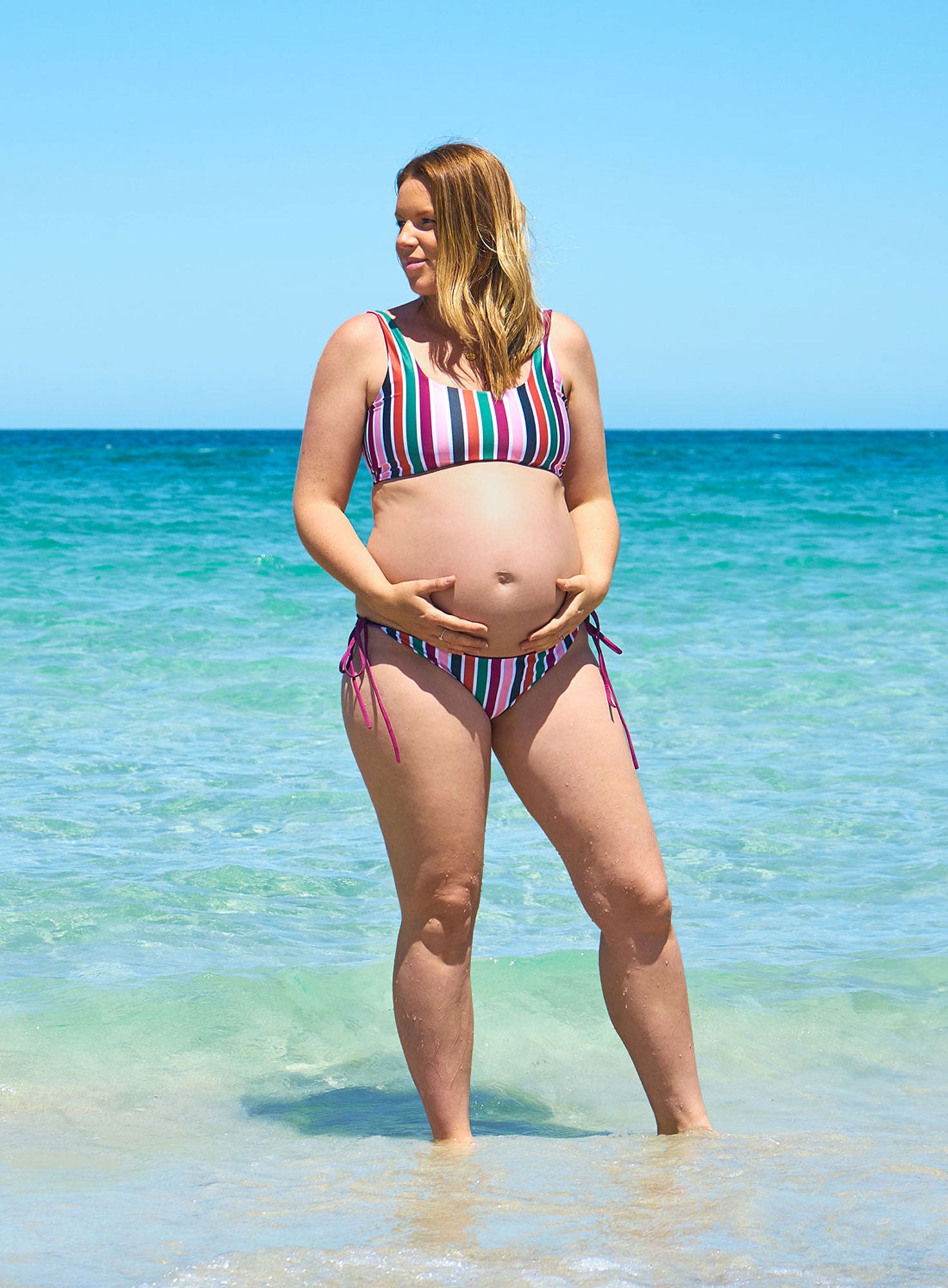 Reversible bikini, crop bikini top and full coverage bikini bottom made from sustainable swimwear material