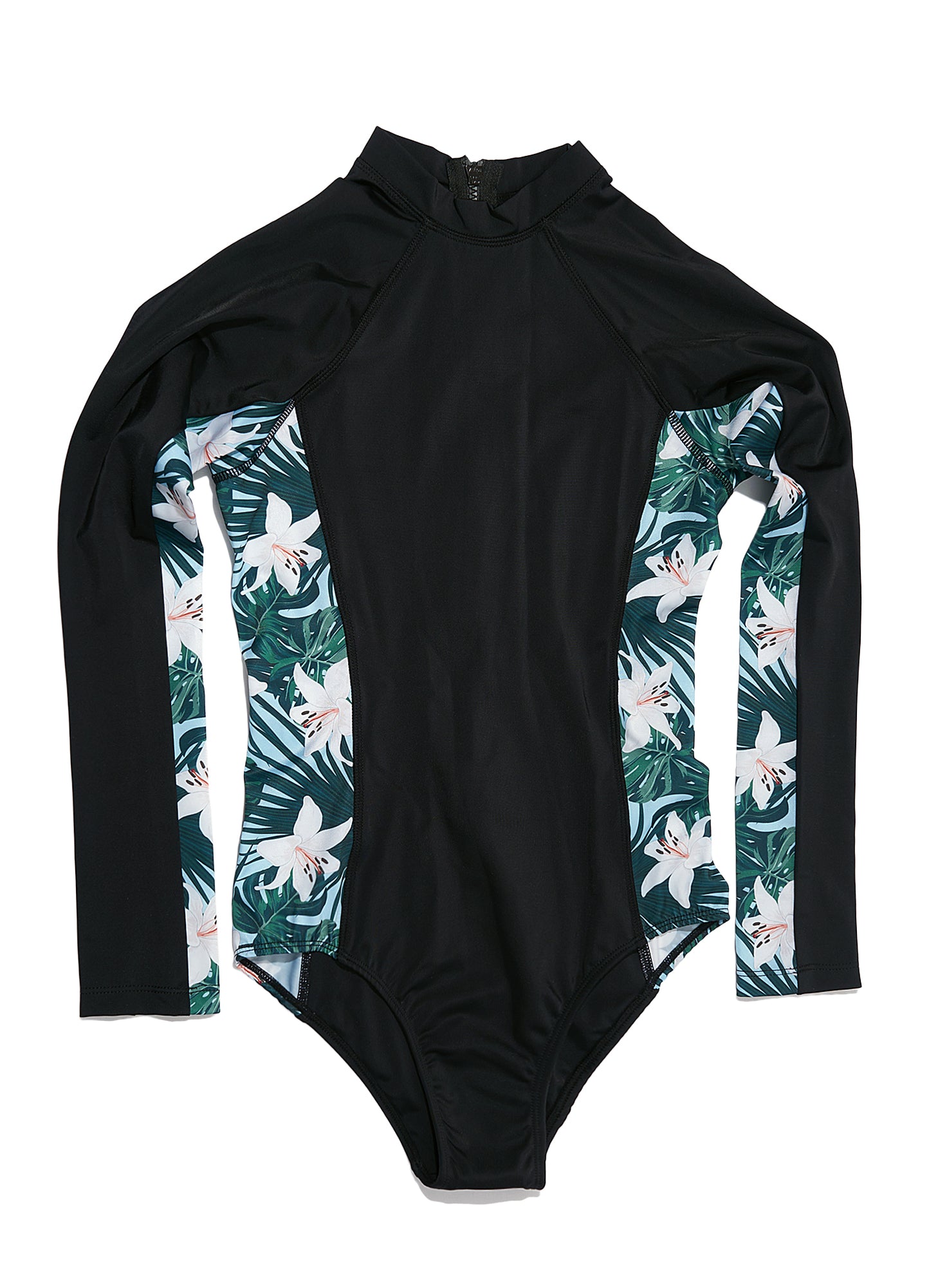 Black sustainable surf suit made from recycled ocean plastics With High Cut Leg, Back Zip And Classic Cut flat lay