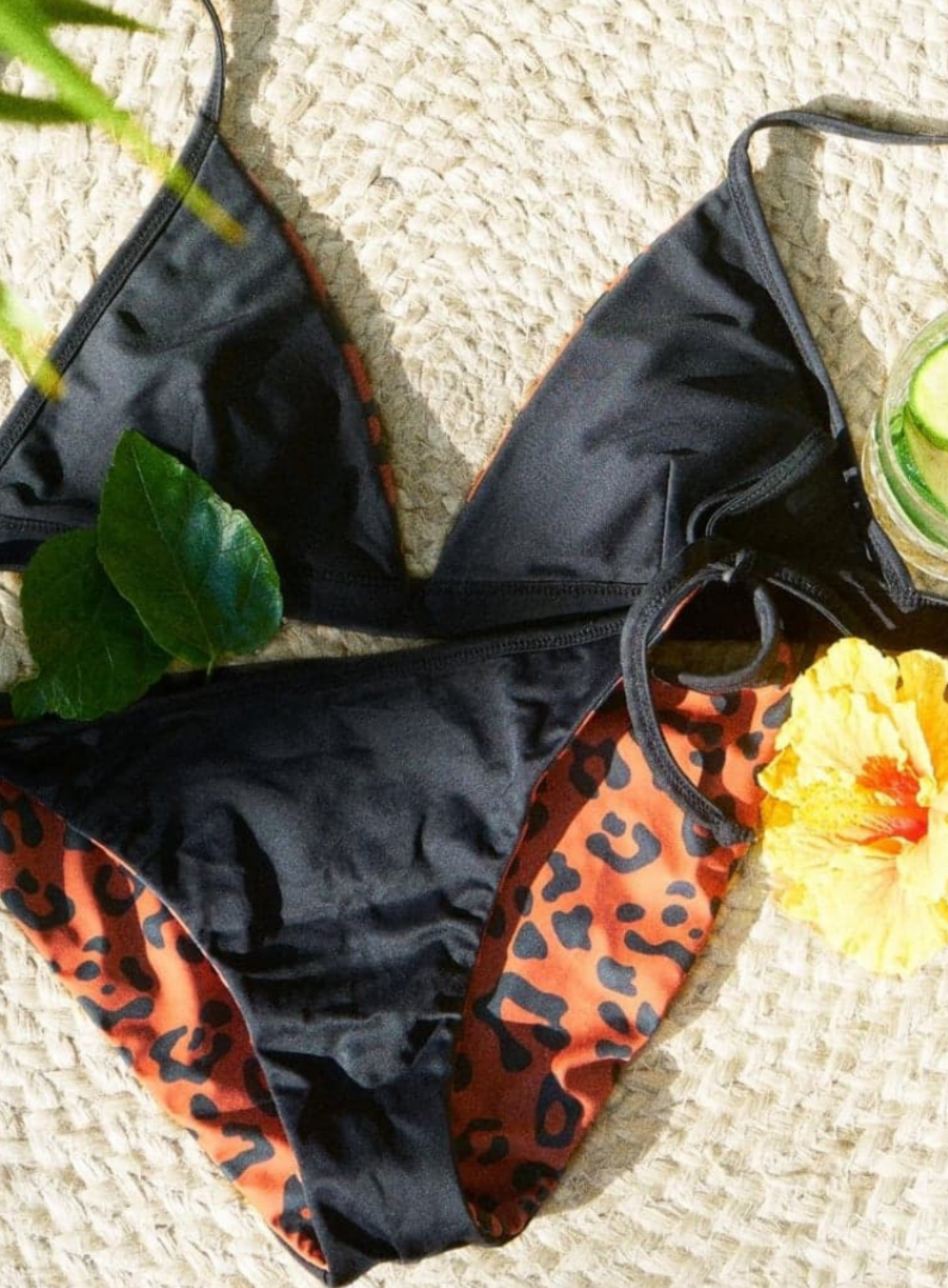 Eco friendly triangle black/leopard print reversible bikini top