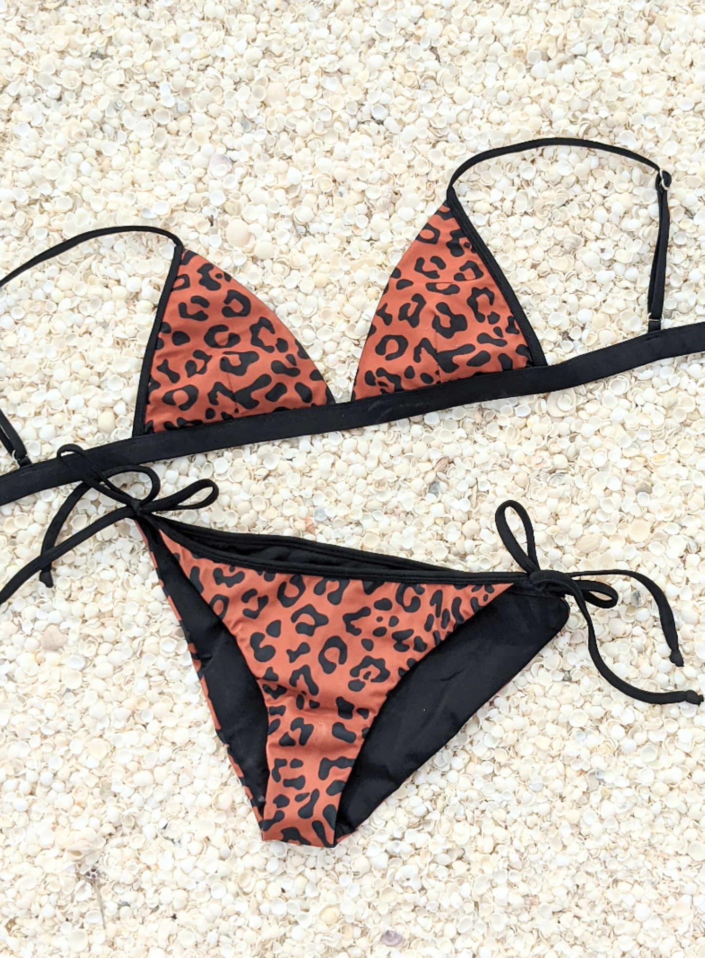Sustainable swimwear, reversible black and leopard print bikini 