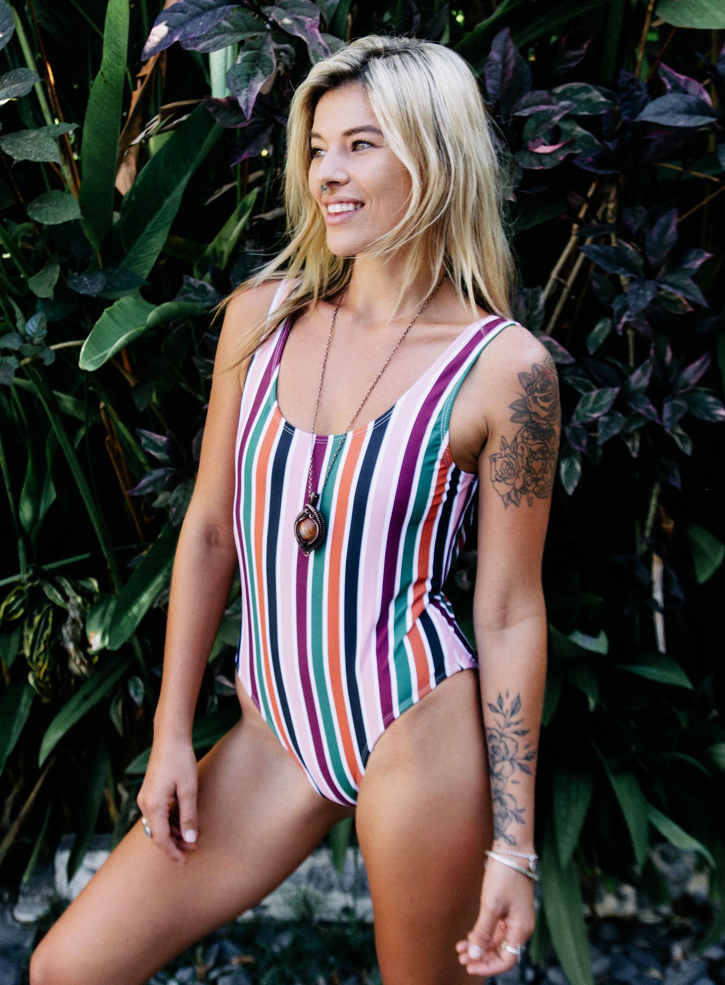 Stripe one piece swimwear made from sustainable swimwear material, full view size 8