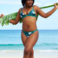 Reversible bikini, green bikini top and full coverage bikini bottom made from sustainable swimwear material 