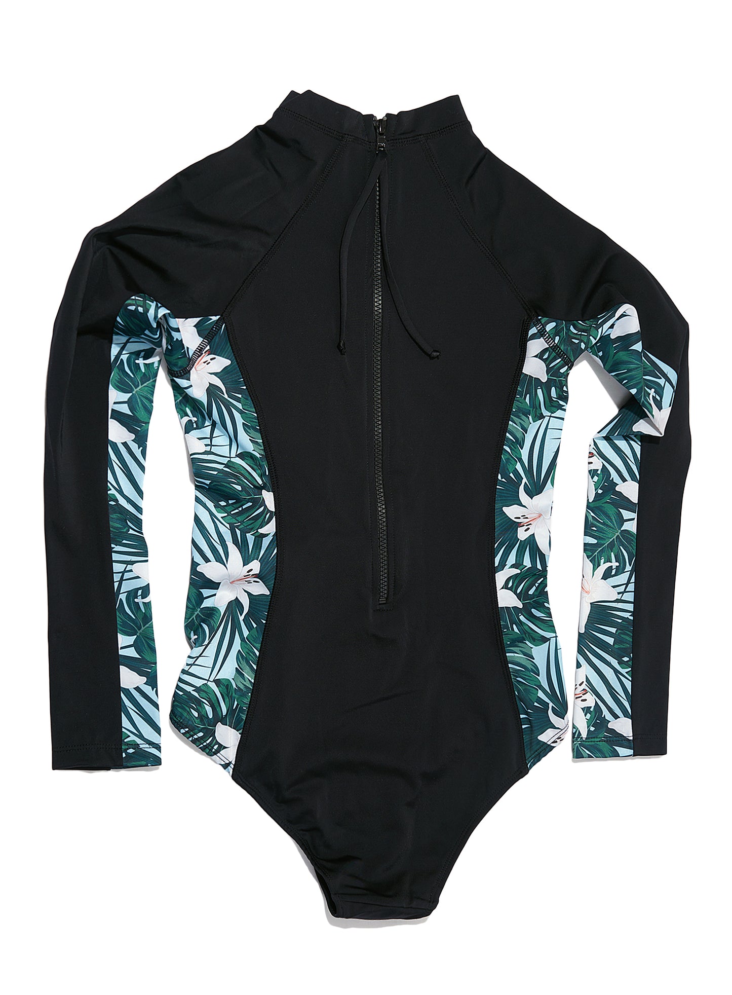 Black Long sleeve surf suit made from sustainable swimwear material, flat lay back